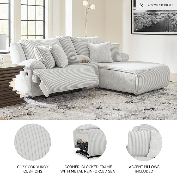Signature Design by Ashley Top Tier Casual L-Shaped 3-Piece Reclining Sectional Sofa with Chaise, Console Storage and 4 Accent Pillows, White
