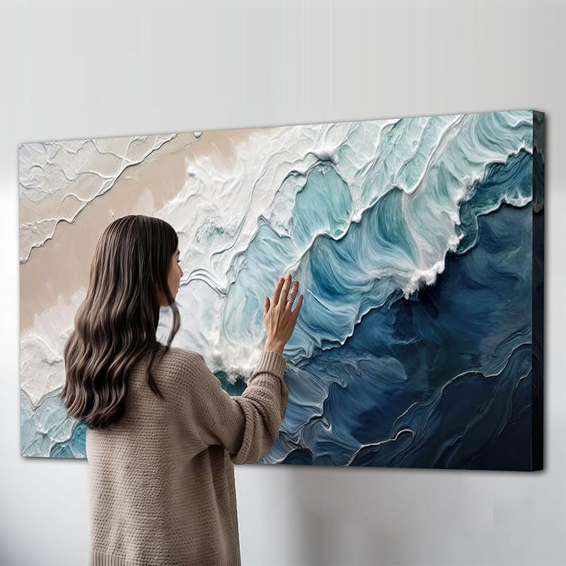Tailored Canvases Crashing Coastal Waves Impasto Wall Art for Living Room, Abstract Seascape Canvas, Beach Paintings, Wave Artwork, Coastal Ocean Decor, Nautical Blue and White Accent Print 48x24