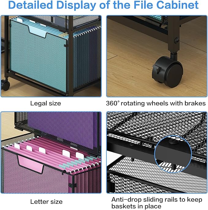 Letter/Legal Mobile File Cabinet, Rolling File Cart with 2 Drawers Filing Cabinet for Home Office, Hanging File Folders Organizer for Under Desk Storage, Mobile Printer Stand, Black and Brown