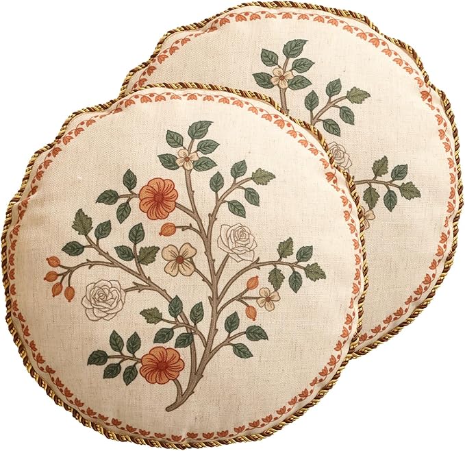 Design Linen Classic Throw Pillow Covers Diameter 16" Pack of 2, French Farmhouse Round Cushion Covers with Orange White Floral Pattern Decor Pillowcases for Bed,Living Room,Outdoor,Car