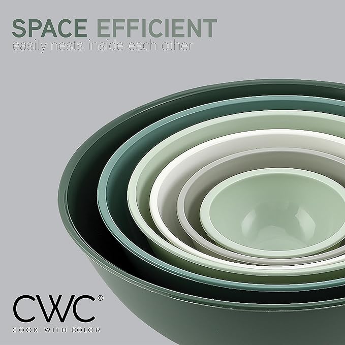 COOK WITH COLOR Mixing Bowls with Non Slip Bottom - 12 Piece Plastic Nesting Bowls Set includes 6 Prep Bowls and 6 Tritan Lids - Microwave Safe (Sage)