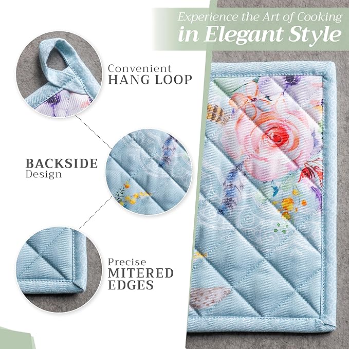 Maison d' Hermine 100% Cotton Oven Mitt & Pot Holder Set (7.5"x13" & 8"x8") Heat Resistant BBQ Cooking Gloves with Loop, Baking, Grilling, Kitchen, Handling Hot Pans Spring/Summer (Ibiza)