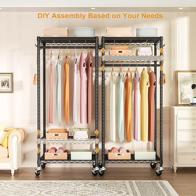 FUTASSI P6 Mini Rolling Clothes Rack Heavy Duty, Clothing Racks for Hanging Clothes, Freestanding Garment Rack with Wheels, Portable Closet Rack Max Load 360LBS, 23.6''W x 14''D x 74.6''H, Black