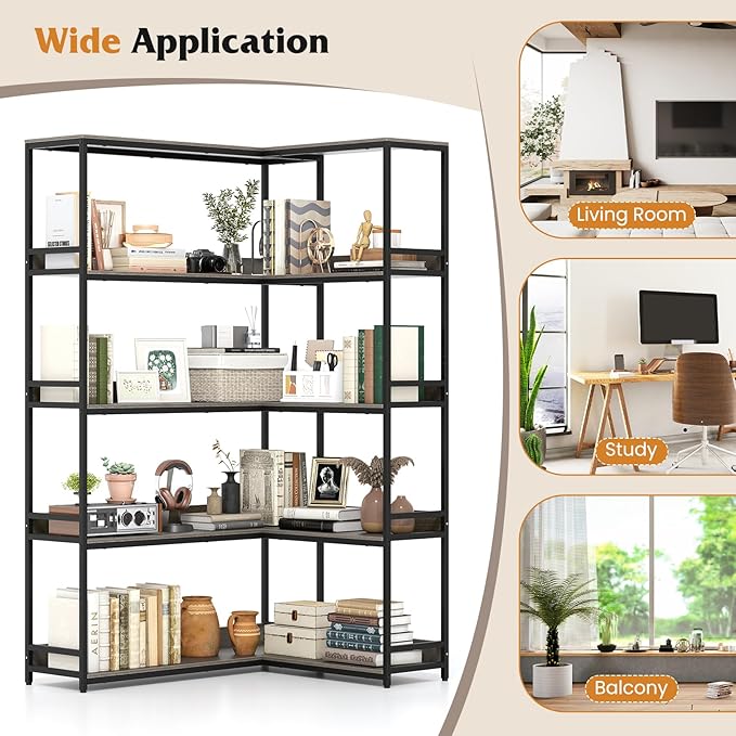 Tangkula Large Corner Bookshelf, 90 Degrees 5-Tier Industrial Wood Open Corner Bookcase for Small Spaces, Heavy-Duty Metal Frame, 71”H L-Shaped Storage Display Rack for Living Room (Oak)