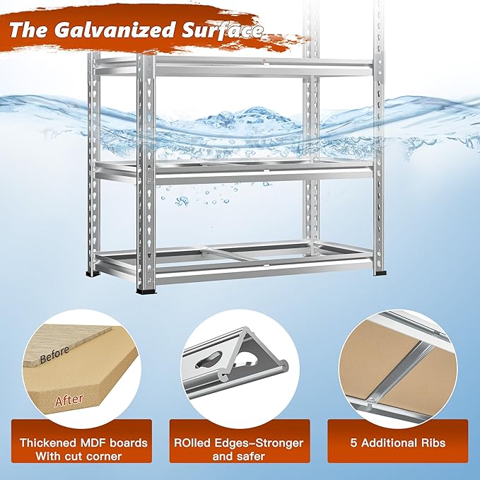 REIBII Garage Shelving, 5 Tier Storage Shelves Load 2020LBS, Adjustable Garage Shelving Heavy Duty, Metal Shelves Unit with Waterproof Columns, 35.5" W x 11.9" D x 72" H, Galvanized, 2 Pack