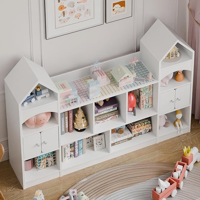 Vabches Castle Shape Children's Bookshelf, Kids Bookcase Display Case Kids Toy Storage Organizer Multifunctional Storage Cabinet Bookshelf Suitable for Playroom, Children's Room, Living Room, White