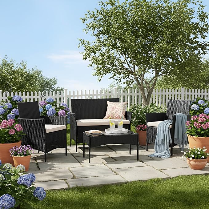 FDW Rattan Furniture Wicker Chair Patio Bristo Set for Outdoor Indoor Use with Loveseats Coffee Table,Khaki Cushion, 4-Pieces