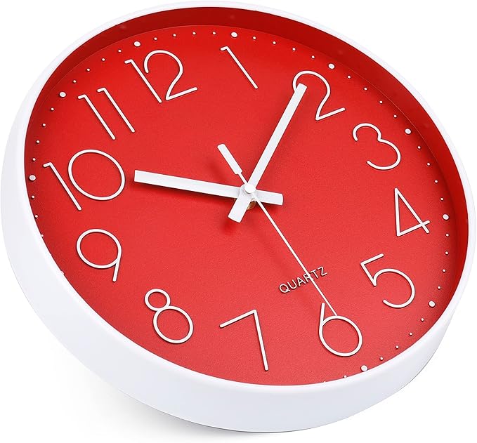 jomparis Red Wall Clock 12 Inch Silent Non-Ticking Battery Operated Quality Quartz Round Wall Clock Modern Decor Clock for Home Bedroom