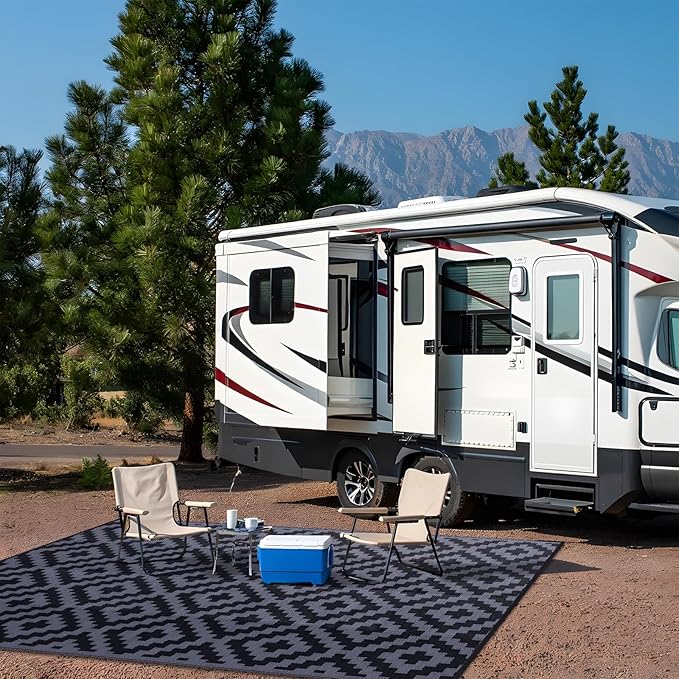 OLANLY Waterproof Outdoor Rug 9x18 ft, Outdoor Plastic Straw Rug for Camping, RV Mat Outside, Indoor Outdoor Carpet for Porch, Deck, Backyard, Balcony, Picnic, Black & Grey