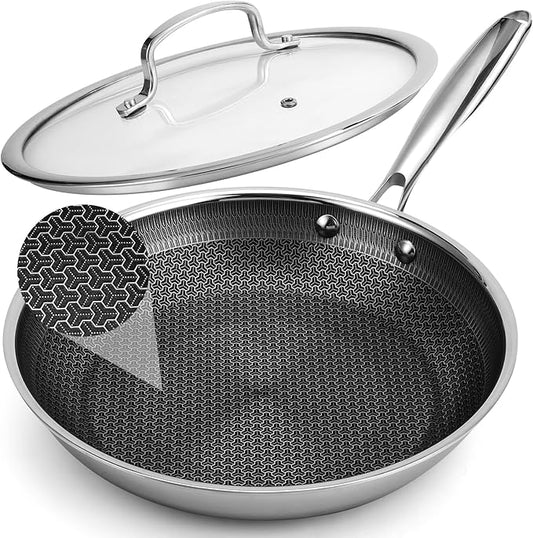 12 Inch Hybrid Non Stick Frying Pan Set Skillet Stainless Steel Skillet Chef's Pan with Matching Lid, PFOA-Free Non-Toxic Cookware, Dishwasher & Oven Safe, Induction Compatible All Cooktop
