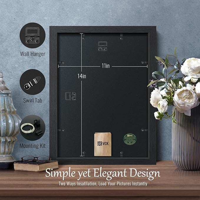 VCK 11x14 Picture Frame Set of 4 - Black, Gallery-Quality Wood Poster Frames, 1.1-Inch Wide Border, Polished Plexiglass, Vertical or Horizontal Wall & Tabletop Display for Photo/Art/Prints, Black