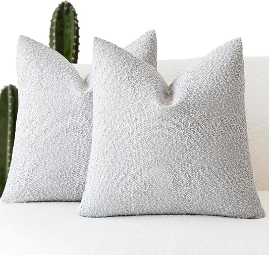 Foindtower Set of 2, Decorative Textured Boucle Throw Pillow Covers Accent Solid Pillow Cases Neutral Soft Cozy Couch Cushion Case for Chair Sofa Bedroom Living Room Home Decor 24 x 24 Inch Light Grey