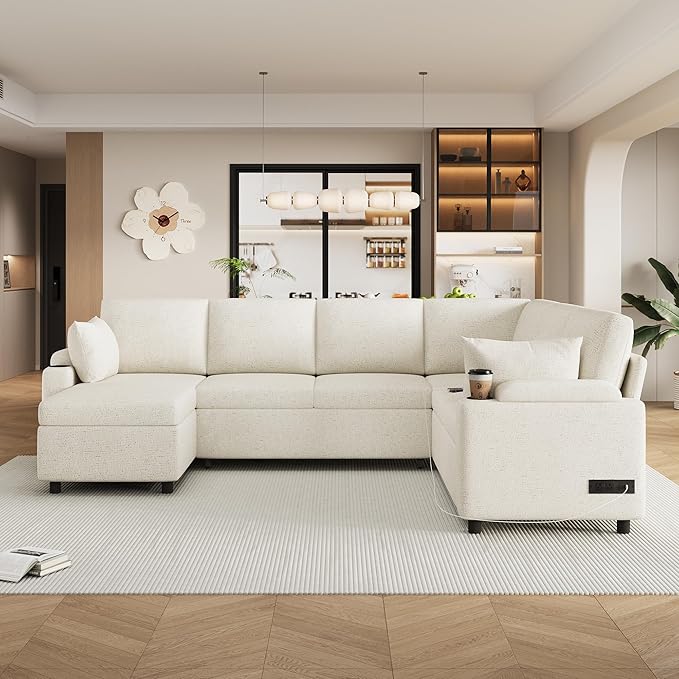 Ball & Cast 109.9" Sectional Sofa with Pull Out Bed, Chenille Upholstered Sleeper Sofa bed with Storage Chaise, Convertible U Shaped Couch with Two Cup Holders and Charging Ports for Living Room,Beige