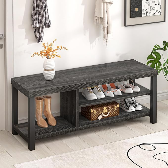 FOLUBAN Entryway Bench, Rustic Wood Shoe Storage Bench for Hallway Front Door Entrance, Industrial Indoor Bench for Bedroom Living Room, Dark Gray, 43.3 Inch