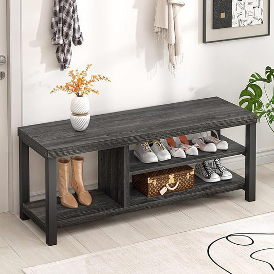 FOLUBAN Entryway Bench, Rustic Wood Shoe Storage Bench for Hallway Front Door Entrance, Industrial Indoor Bench for Bedroom Living Room, Dark Gray, 43.3 Inch