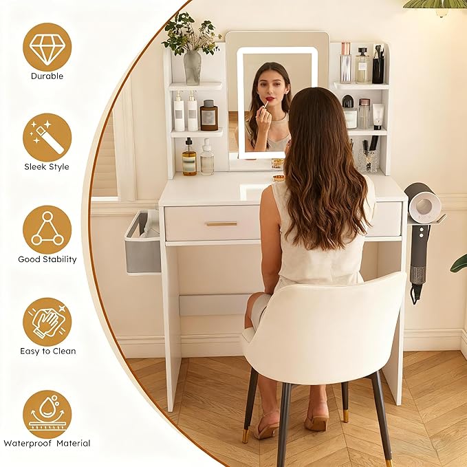 Casaphoria White Vanity Desk with 3-Color LED Mirror, 27.5" Makeup Table with Storage Drawers for Bedroom, Vanity Table with Hair Dryer Stand & Non-Woven Storage Bag for Women and Girls