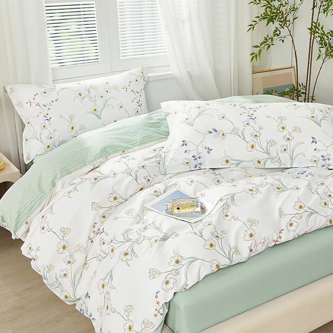 SAPHREAS White Floral Duvet Cover Set King Size 3pcs Botanical Magnolia Flower Bedding Comforter Cover Set 100% Cotton 1 Duvet Cover 104"x90" 2 Pillow Shams, Comforter Not Included