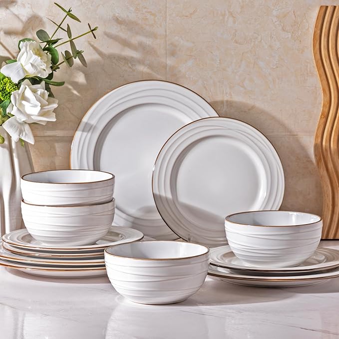 GBHOME Ceramic Dinnerware Sets,12 pcs Embossed Elegant Stoneware Plates and Bowls Sets, Housewarming Wedding Gift | Dishwasher & Microwave Safe | Dishes Set Service for 4
