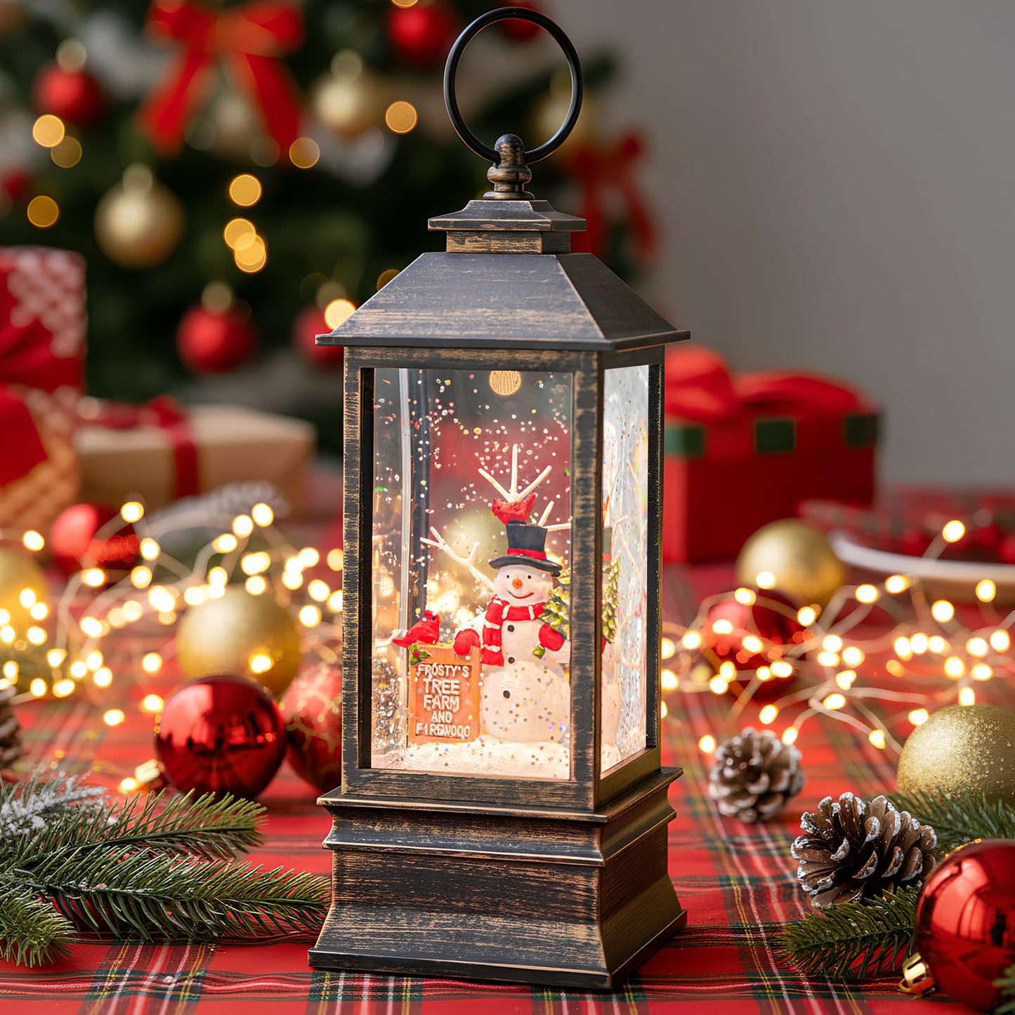 10'' Frosty's Tree Farm Snowman Musical Lighted Snow Globe Water Lantern with Swirling Glitter Decoration for Christmas Home, Living Room, Battery Operated or USB Powered