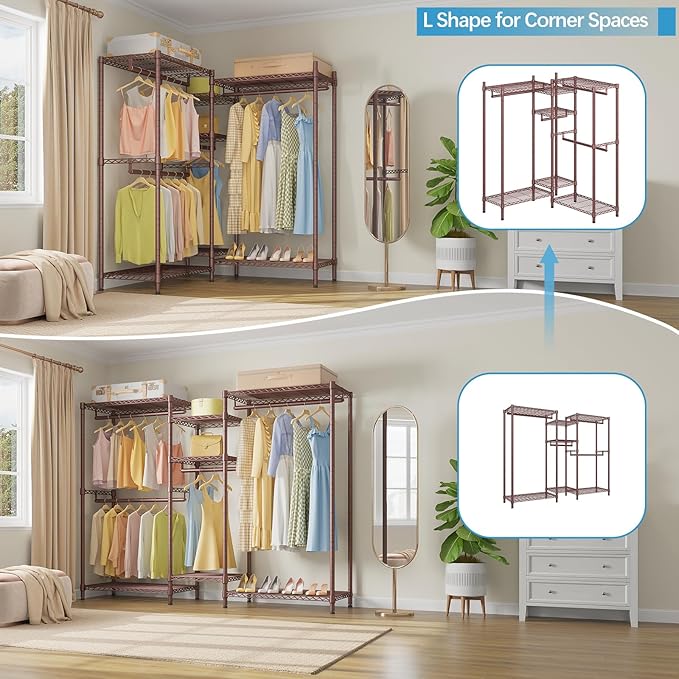 VIPEK L6 L Shaped Clothes Rack for Corner, Heavy Duty Clothing Rack 5-Tier Wire Garment Rack Freestanding Closet with 7 Adjustable Shelves & 4 Hanging Rods, Max Load 850LBS, Bronze