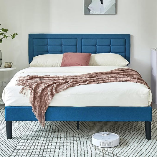 VECELO Queen Size Bed Frame with Adjustable Headboard, Upholstered Button Tufted Platform Bedframe with Wood Slats Support, No Box Spring Needed, Aegean Blue