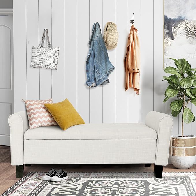 Storage Ottoman Bench with Arms, End of Bed Bench for Bedroom, Button Tufted Storage Bench for Entryway, Living Room,Hallway, Large Storage Bench Foot Rest (Beige)