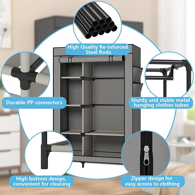 Calmootey Portable Closet Organizers, Clothing Storage, Wardrobe with 6 Shelves and Hanging Rod, Non-Woven Fabric Cover with 4 Side Pockets, Grey
