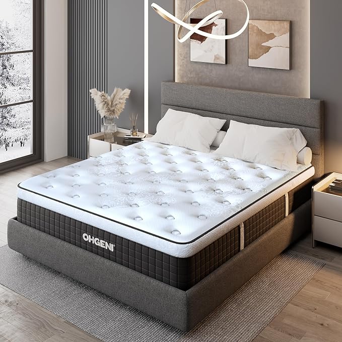 OhGeni 14 Inch Cooling Queen Size Mattress, Hybrid Gel-Infused Memory Foam Bed Mattresses in a Box, Medium Feel Cool Top Fabric, Individual Pocket Innerspring, 3-Zone Design & Reinforced Edge Support