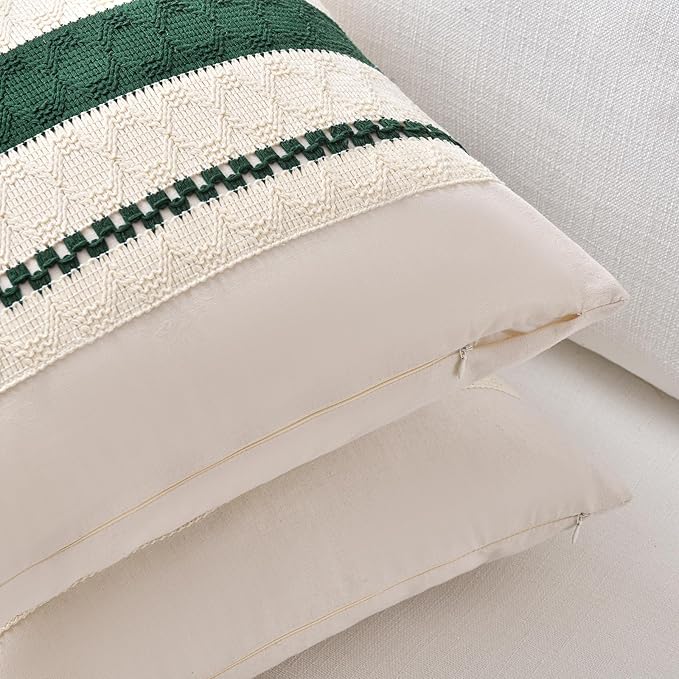 Fancy Homi Set of 2 Dark Green Boho Lumbar Decorative Throw Pillow Covers 12x20 Inch for Couch Bed Sofa Bedroom, Modern Farmhouse Vintage Forest Green Living Room Decor