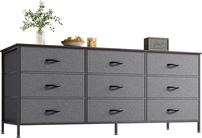 Huuger Long Dresser for Bedroom, 55 Inch TV Stand for 55, 60 Inch TV, Entertainment Center with Drawers, Large Storage 9 Fabric Drawers Dresser, Closet, Dark Grey