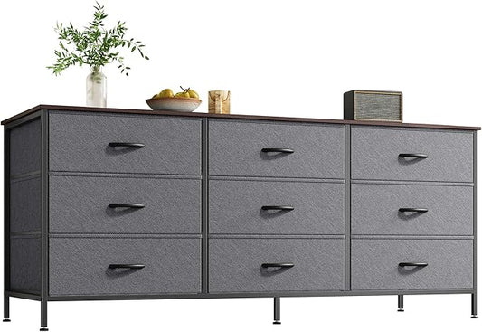 Huuger Long Dresser for Bedroom, 55 Inch TV Stand for 55, 60 Inch TV, Entertainment Center with Drawers, Large Storage 9 Fabric Drawers Dresser, Closet, Dark Grey