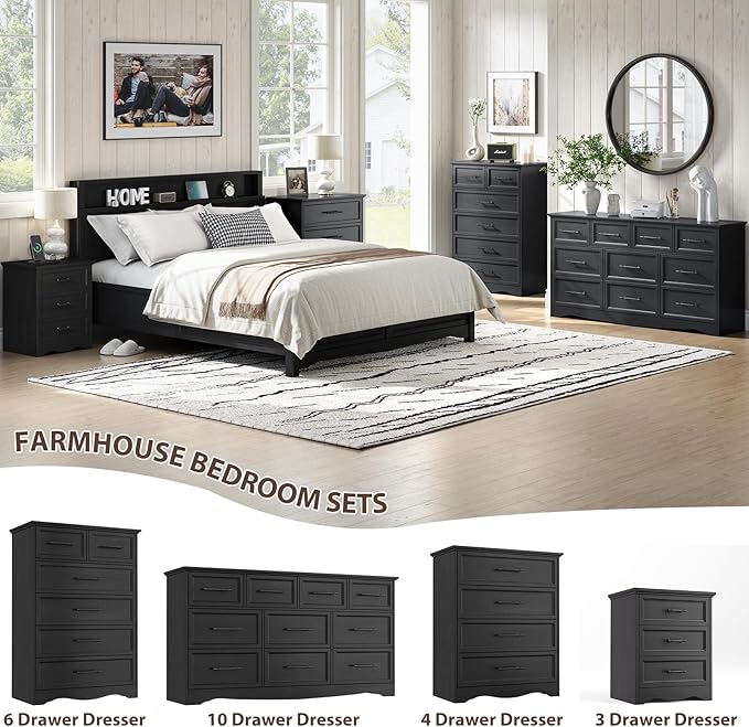 Farmhouse Nightstand with Charging Station, Black Wood Bedside Table & End Table with 3 Drawers and Unique Base Design, Side Table Storage Cabinet with Metal Handles for Bedroom, Living Room