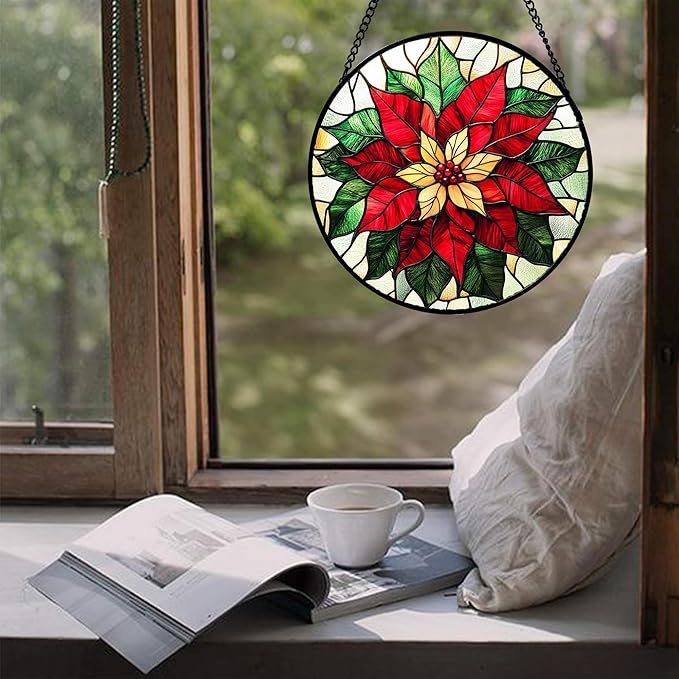 Stained Glass Window Hanging - Red Poinsettia Birth Flower Sun Catcher for Door Garden Home Decor Suncatcher Christmas Mother's Day Birthday Gifts for Women Men Mom Girl Nana Friend 6.3 in