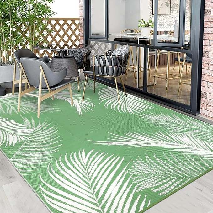 Pauwer Waterproof Outdoor Rug 8x10, Reversible Plastic Straw Patio Camping Rug, Indoor Outdoor RV Mat Carpet for Deck, Camper, Porch, Balcony, Backyard, Picnic, Leaf Green