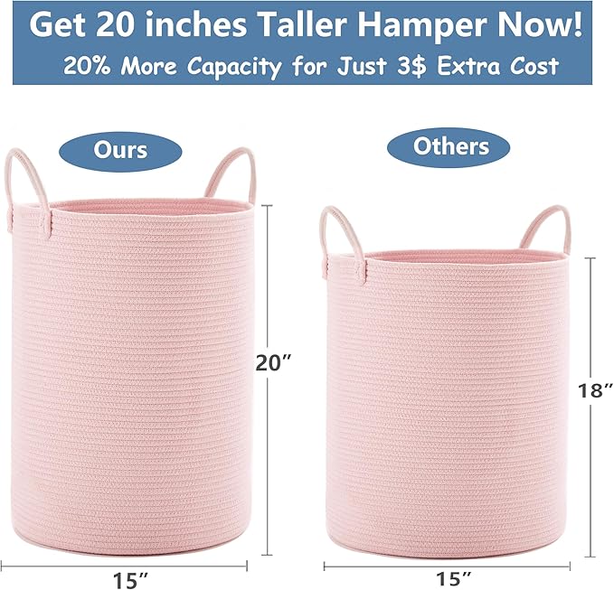 15Dx20H inches Large Pink Hamper Laundry Basket for Baby Kids Woven Rope Nursery Hamper for Girls Room Bedroom Kawaii Laundry Bin 60L Capacity