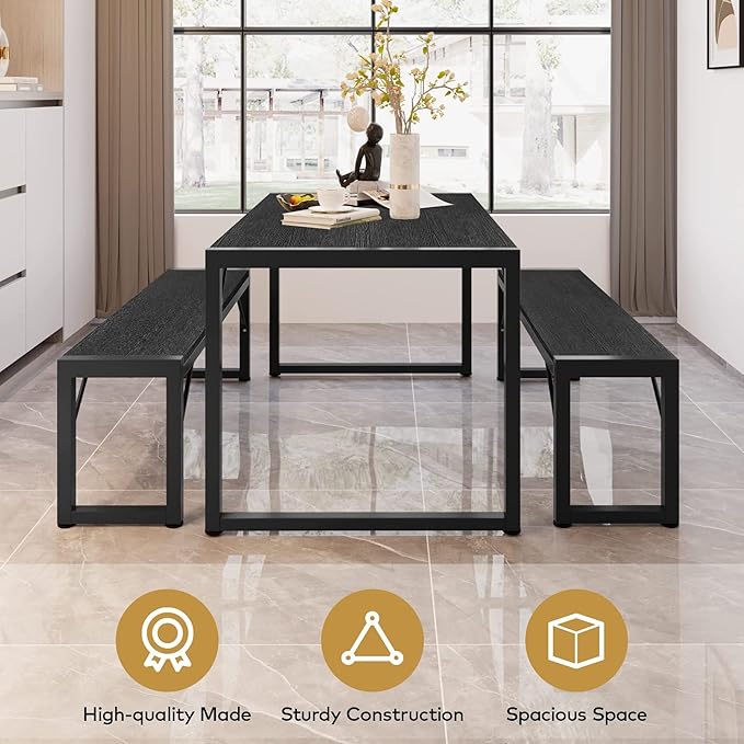 Gizoon 45.5" Dining Table Set for 4 with 2 Benches, Kitchen Table Set with Metal Frame & MDF Board, Space-Saving Dinette for Kitchen, Dining Room -Black
