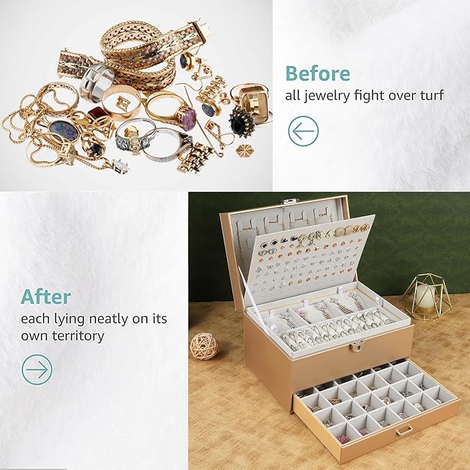 BOOVO Earring Jewelry Box For Women Girl Stud Organizer, 5 Layers Girl Jewelry Organizer Box With Lock Earring Holder Organizer Necklace Ring Jewelry Organizer Box For Girls (Champagne)