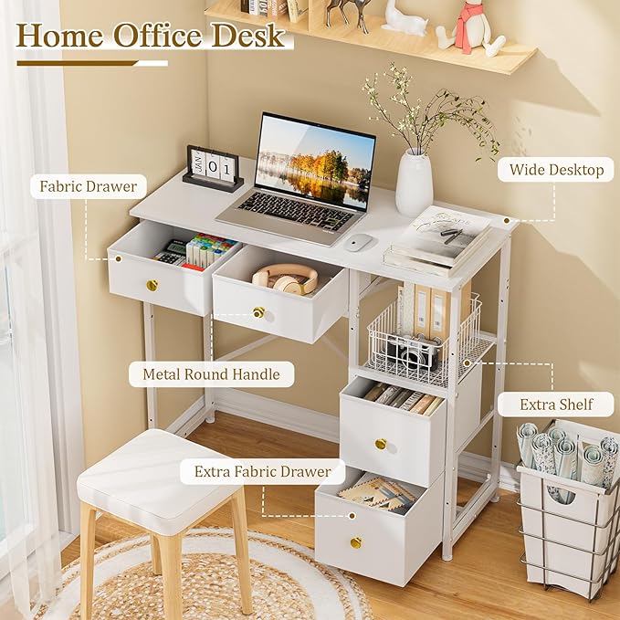 Small Computer Desk with 4 Fabric Drawers, Simple Writing Desk for Home Office, Compact Study Desks for Small Spaces, Kids Desk Study for Bedroom, White