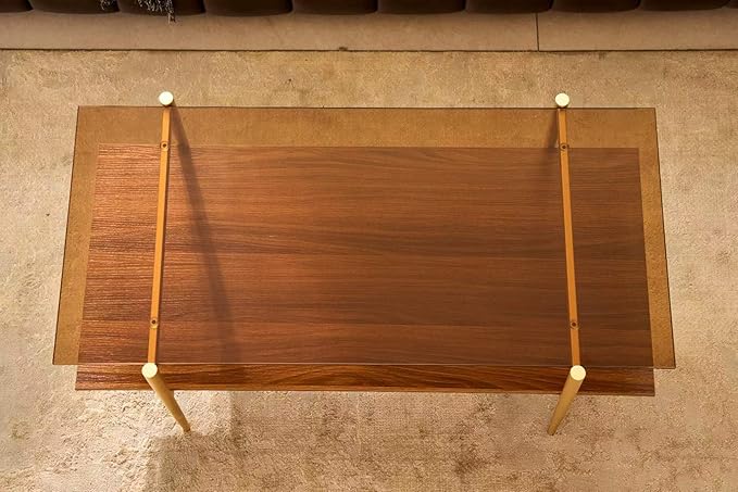 Shrine Rectangle Coffee Table, Mid-Century Modern Design, 2-Tier Structure, Amber Glass Top and Walnut MDF Shelf, 41" D x 21" W x 17" H, Sleek Conical Metal Legs with Gold Finish