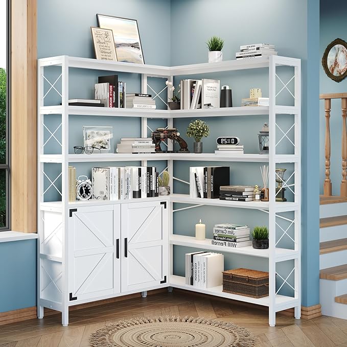 Corner Bookshelf 6 Tier, Large White Wooden Bookcase for Corner,Farmhouse Etagere L Shaped Book-Shelf with Metal Frame & Cabinet for Living Room Home Office