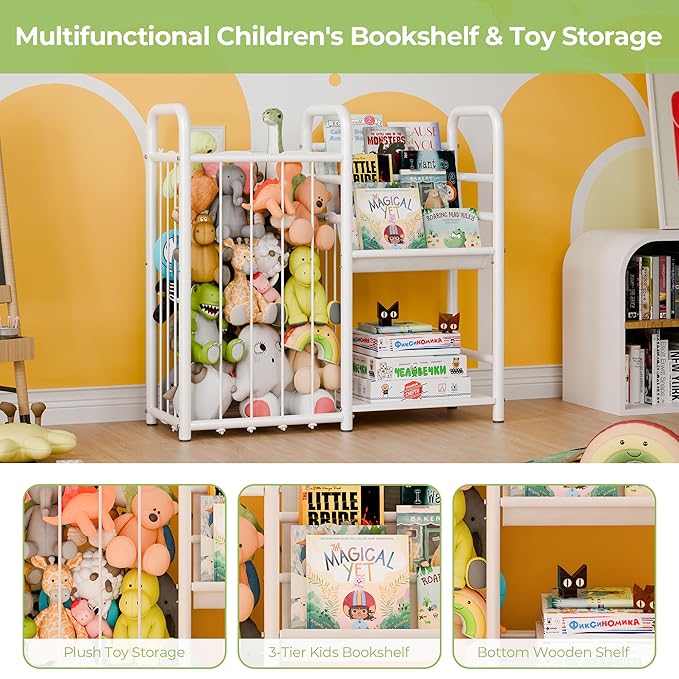 GRANNY SAYS 3 Tier Kids Bookshelf and Toy Storage, Stuffed Animal Storage with Kids Bookshelf, Kids Toy Storage Organizer with Elastic Cord, Book Shelf for Kids Rooms, Nursery, Playroom, Bedroom