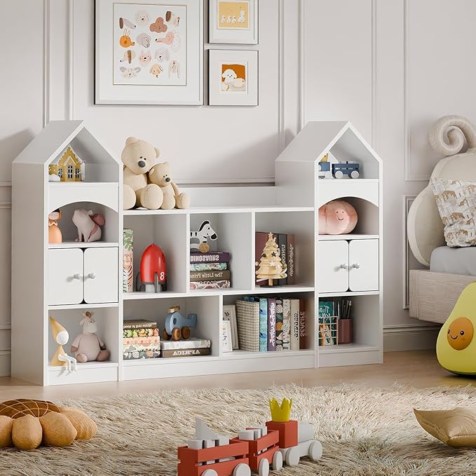 Vabches Castle Shape Children's Bookshelf, Kids Bookcase Display Case Kids Toy Storage Organizer Multifunctional Storage Cabinet Bookshelf Suitable for Playroom, Children's Room, Living Room, White