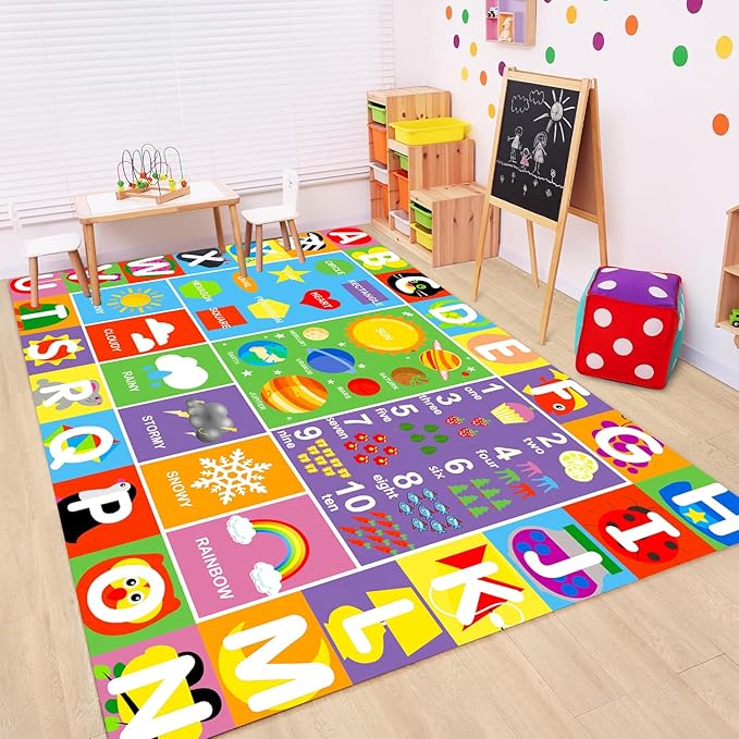 Alphabet Rug for Kids - Soft ABC Kids' Rug with Non-Slip Backing, Educational Playroom Carpet for Toddlers with Letters, Numbers & Shapes - 4'11" x 3'3"(Rectangular)