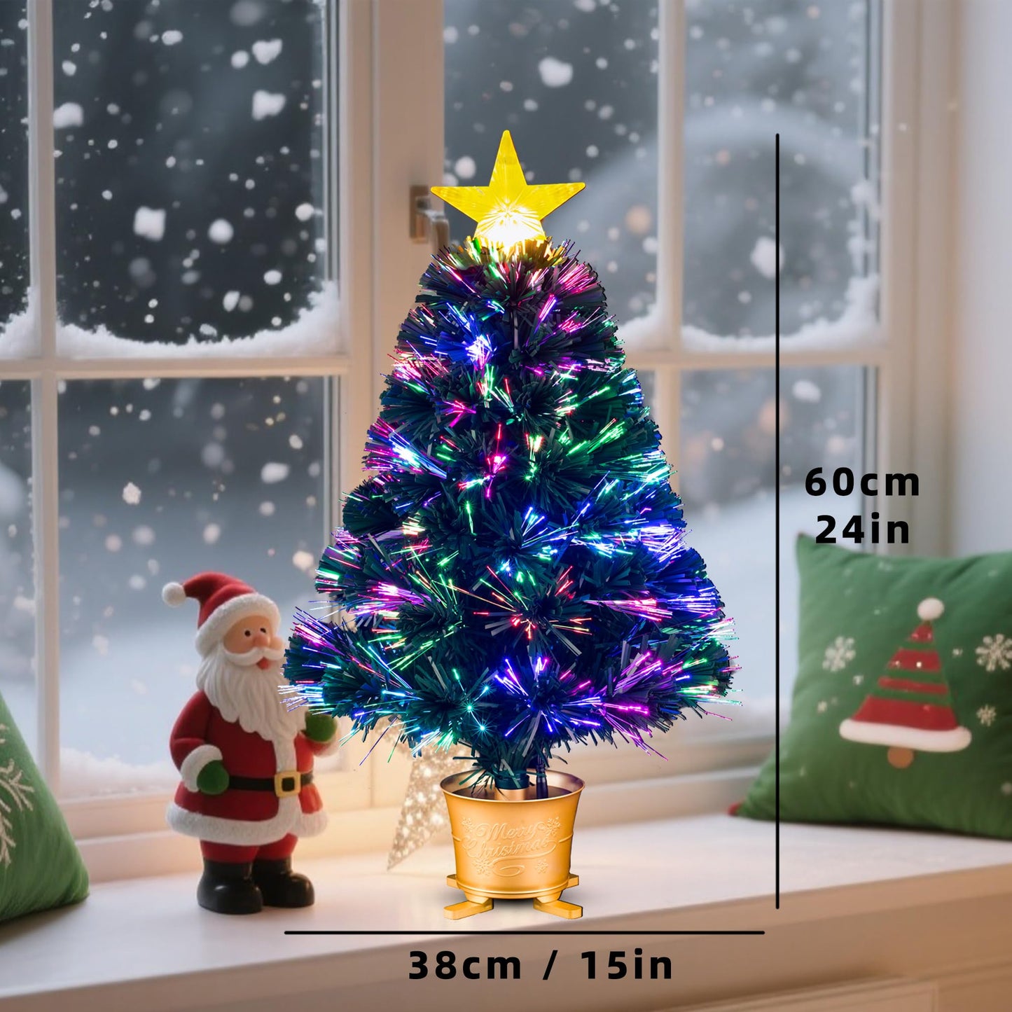 YUETJIN 24inch Pre-lit Mini Fiber Optic Tabletop Artificial Christmas Tree，Small Xmas Tree with Stars Decorations-Gold