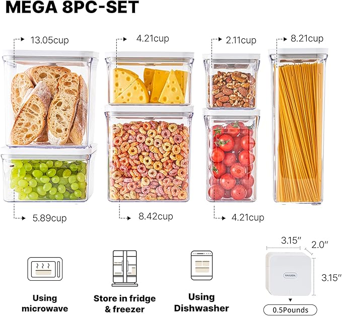 Premium Airtight Food Storage Containers Mega 8P/Set. Total 46.11cup, 7pcs Container and Vacuum Sealer. Smart One-Click Seal Lid, Patented Double Silicone Lining, 100% Leak Proof, BPA-FREE