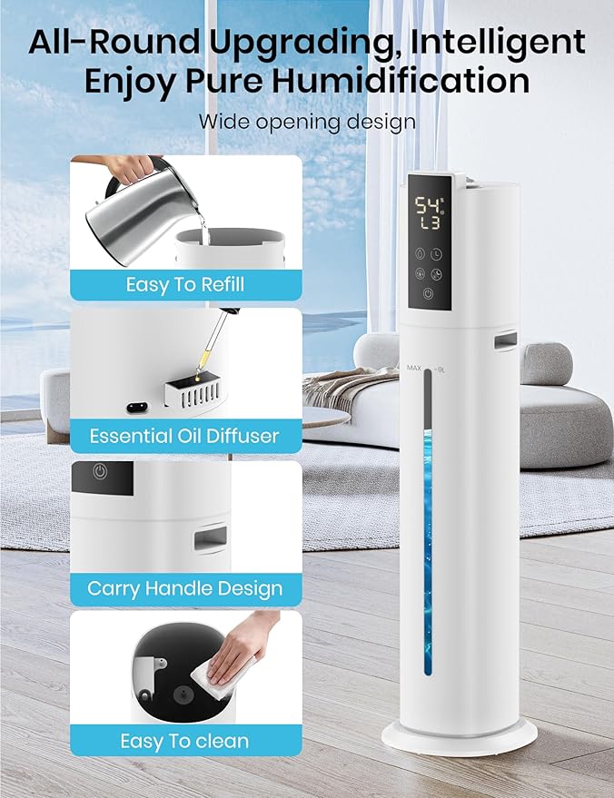 9L/2.38Gal Smart Humidifiers For Large Room,30dB Quiet Whole House Humidifier,Cover Up To 600ft² App/Remote Control,Humidifier For Bedroom,Humidifiers With Essential Oil Diffuser,12 H Timer,White