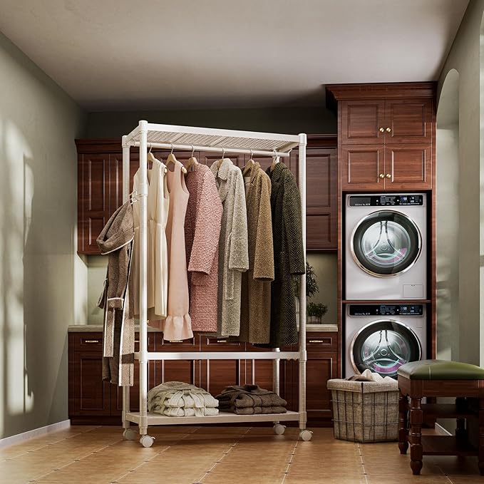 IZEUK Heavy Duty Clothing Rack with Wheels, Rolling Closet Organizer and Garment Rack for Hanging Clothes with 1 Hang Rods & Side Hooks, Metal Wardrobe, 17.7" D x 33.5" W x 70.3" H, Gold