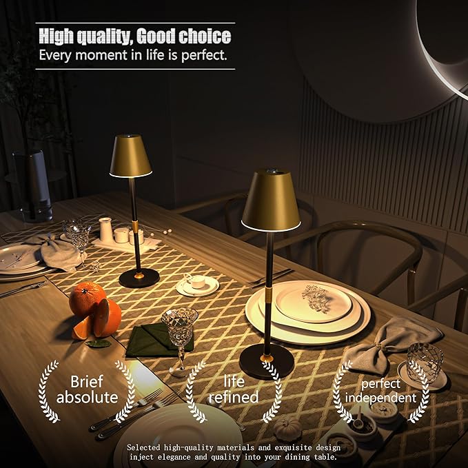 LED CordlessTable Lamp,4000mAh Rechargeable Battery Desk lamp,3 Level Brightness Beside Night Light, Minimalist Design, for Couple Dinner/Coffee Table/Restaurant/Bedroom(Gold&Black 4PACK)