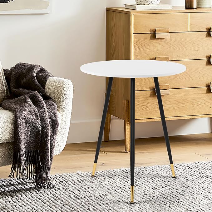 NOBPEINT Round Modern Wooden Side Table, 28 Inches End Table with 3 Metal Legs, Leisure Coffee Table (White)