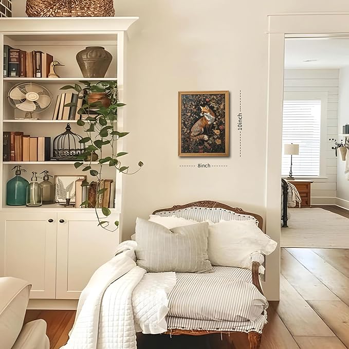 Framed 3D Textured Vintage Wall Art - Dark Academia Decor Hand Drawn Sandstone Fox Paintings with Botanical Florals, Aesthetic Wall Decor for Living Room Bedroom Home 8x10 inch